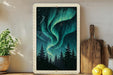 a framed painting of a night sky with a stunning display of the Aurora Borealis, or Northern Lights, over a forest of pine trees.