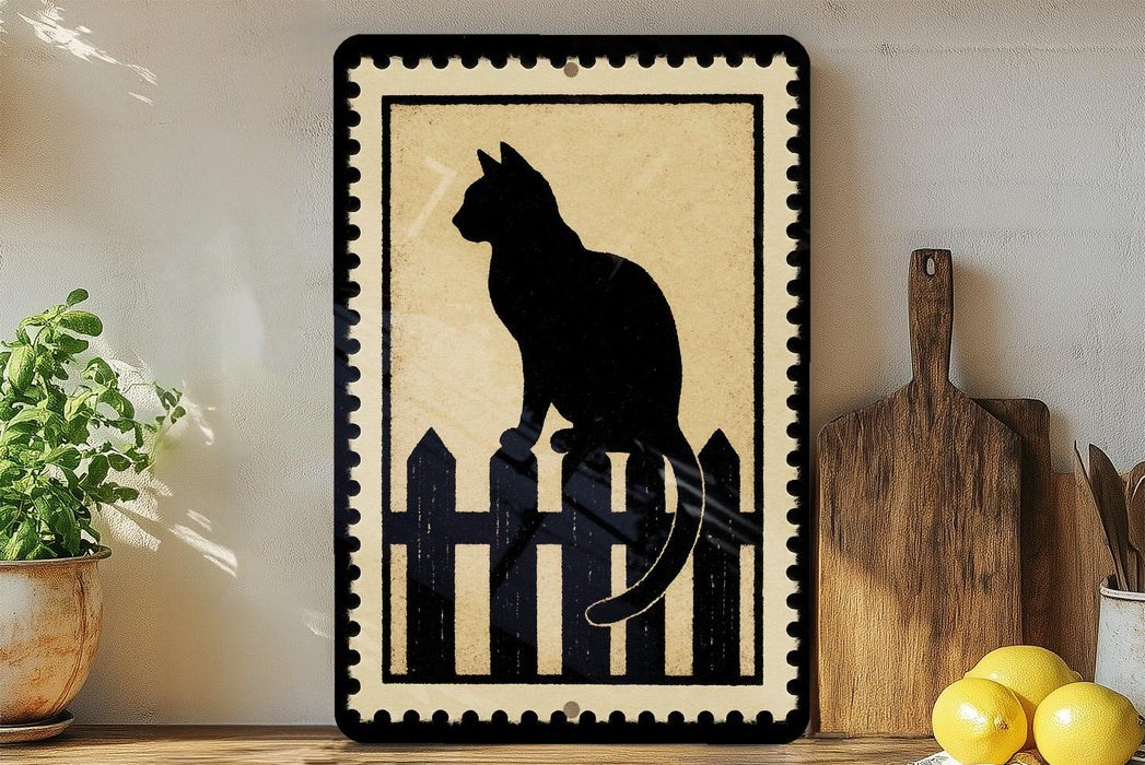 A black silhouette of a cat sitting on a wooden fence is displayed on a wall, accompanied by a potted plant, a wooden cutting board, and some lemons.