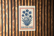 A sign with a blue flower design and the text "BLUE-EYED GRASS" is displayed on a wooden wall.