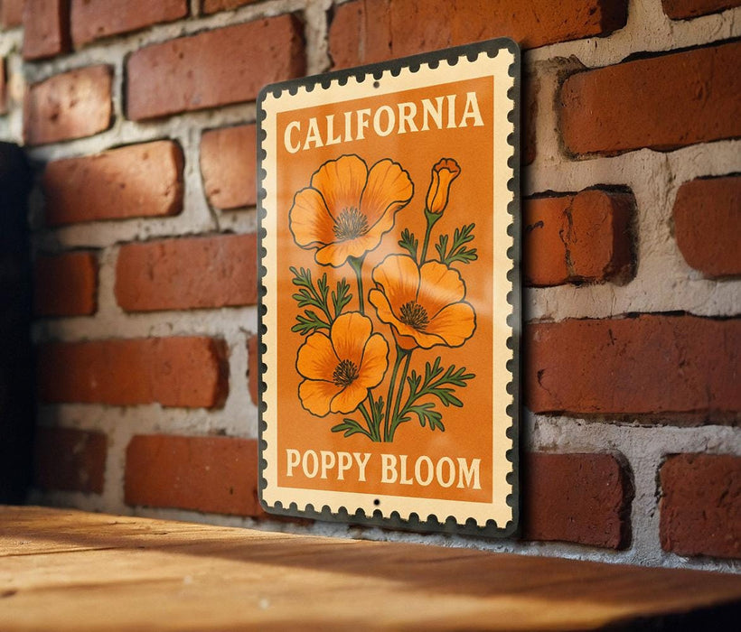 A California postage stamp featuring an illustration of orange poppies against a brick wall background.