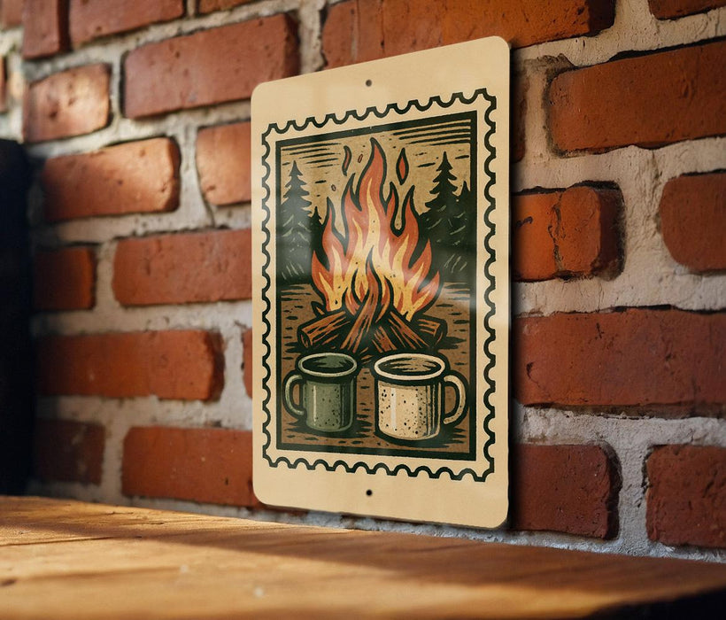 A metal sign with a vintage-style illustration of a campfire and two mugs, hanging on a brick wall.