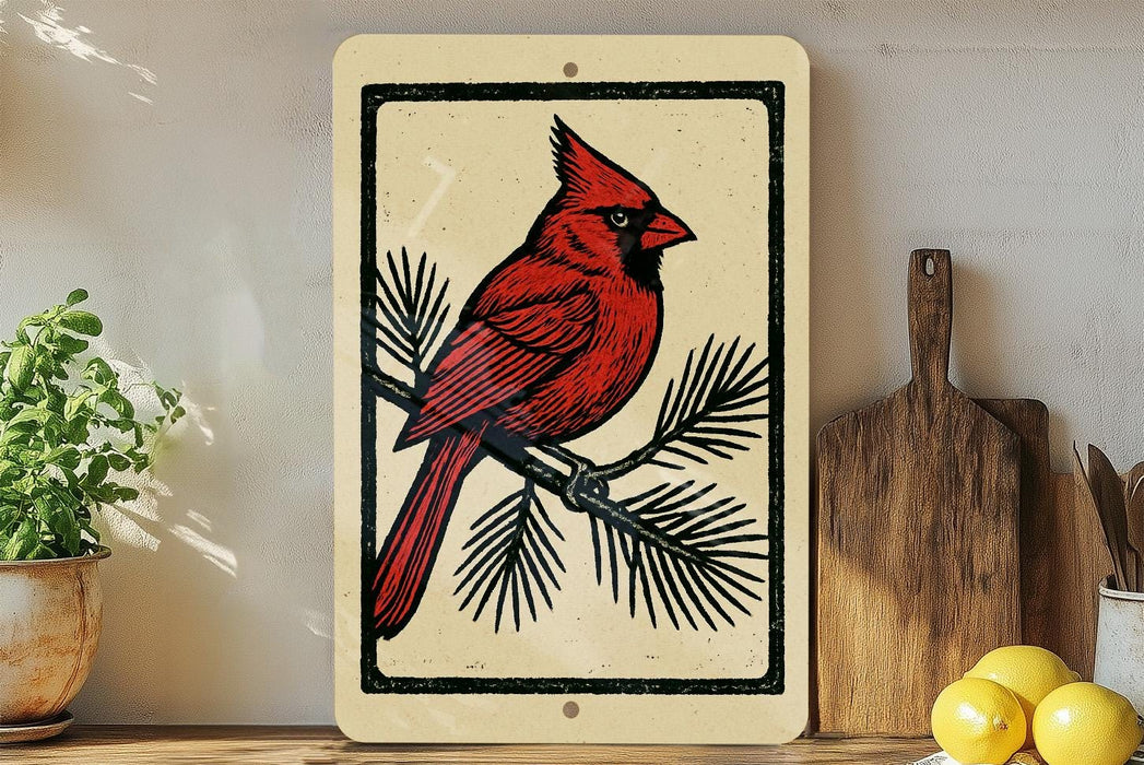 a red cardinal perched on a branch, with a wooden cutting board and a potted plant in the background.