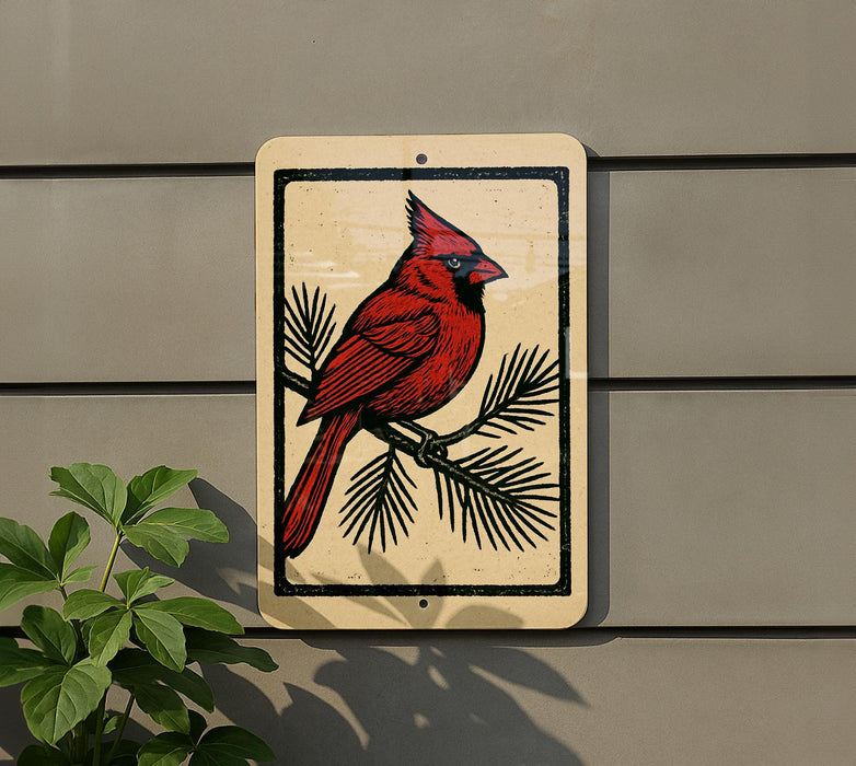 a sign with a red cardinal perched on a branch, set against a gray wall.