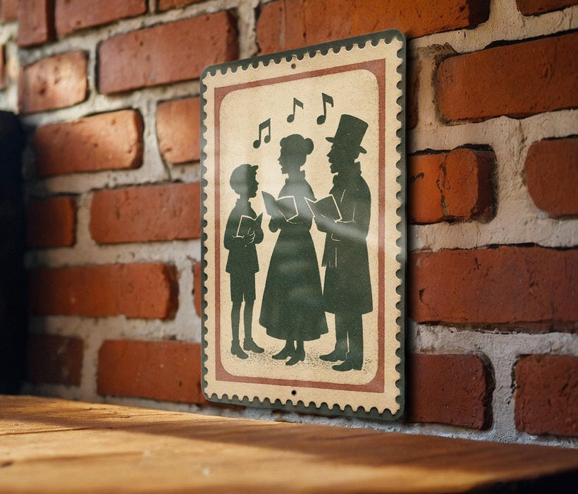 A vintage-style metal sign with silhouettes of three people, likely depicting a group of people singing, is mounted on a brick wall.