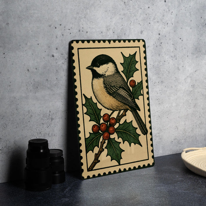 A decorative metal plate featuring a black and white chickadee perched on a branch with berries, set against a holly leaf background.