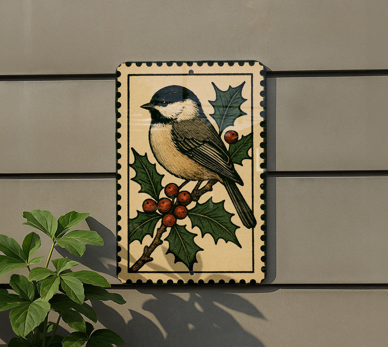 A decorative metal plaque featuring a black and white bird perched on a branch with berries, set against a gray wall.
