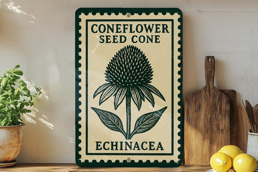 a vintage-style sign with the text "CONEFLOWER SEED CONE ECHINACEA" and a detailed illustration of a coneflower seed cone. The sign is displayed on a shelf next to a wooden cutting board and a potted plant, creating a rustic and homey atmosphere.