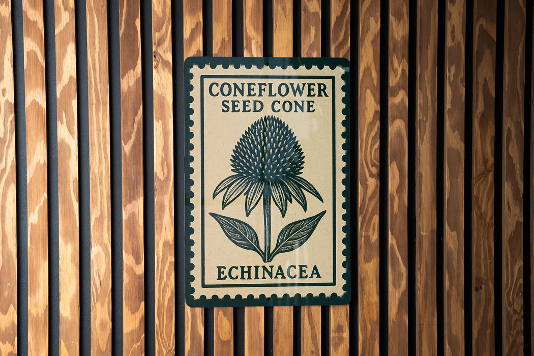 a sign with the text "CONEFFLOWER SEED CONE ECHINACEA" and a graphic of a coneflower flower.