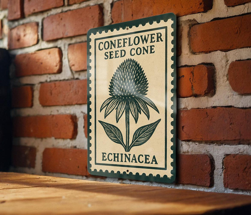 A metal sign with a green border and white text is mounted on a brick wall.