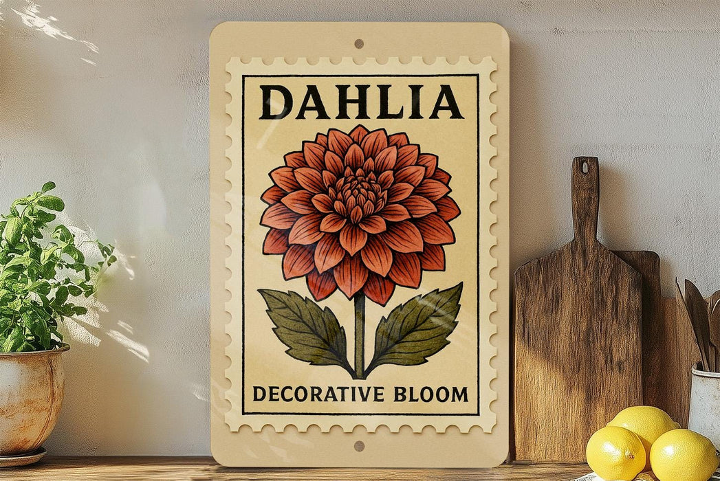 A decorative sign for the "Dahlia Decorative Bloom" is displayed on a shelf, accompanied by a potted plant, a wooden cutting board, and some lemons.