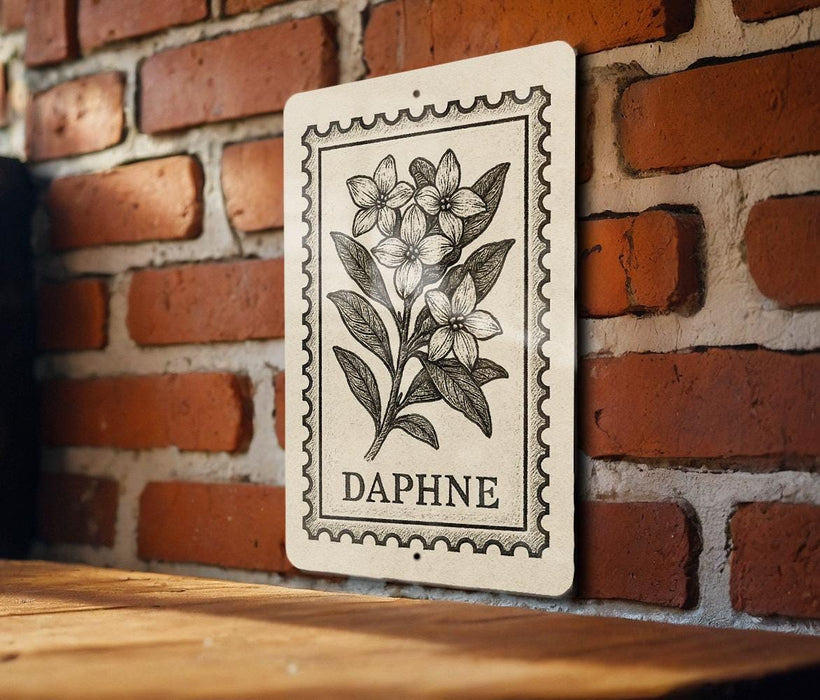 A sign with a floral illustration is mounted on a brick wall.