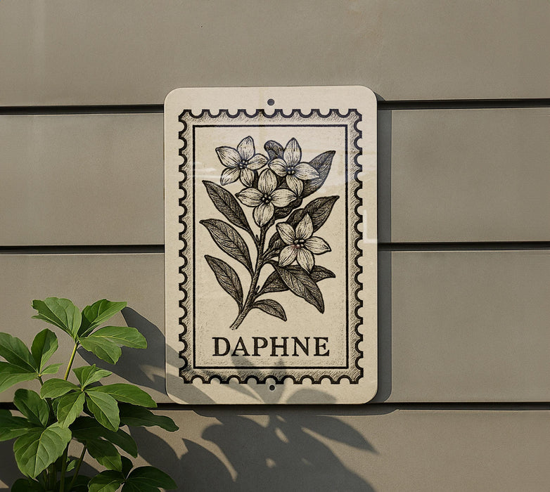 a sign with a floral design and the word "DAPHNE" printed on it, mounted on a wall next to a plant.