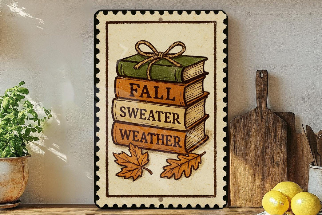 a decorative sign with a stack of books and autumn leaves, accompanied by the phrase "FALL WEATHER" on a wooden shelf.