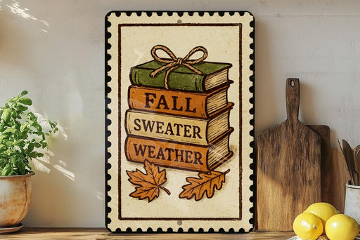 a decorative sign with a stack of books and autumn leaves, accompanied by the phrase "FALL WEATHER" on a wooden shelf.