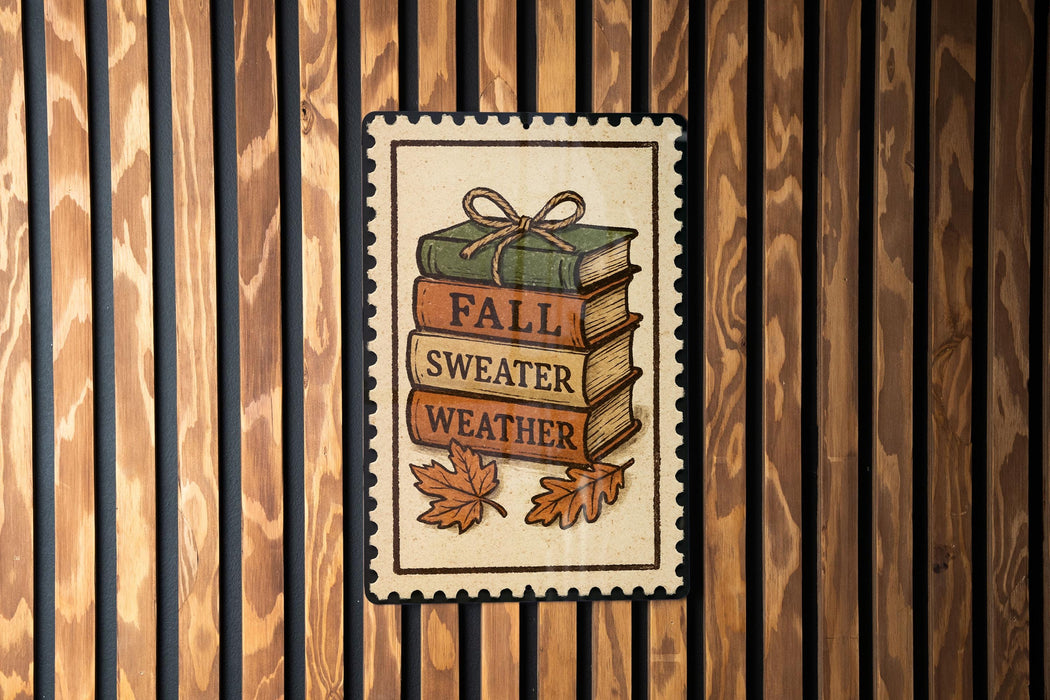 A framed image of a stack of books with the text "FALL WEATHER" written on them, along with autumn leaves.