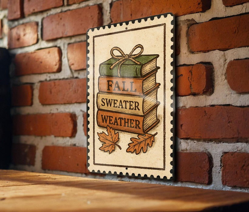 A framed sign with a stack of books and autumn leaves, mounted on a brick wall.