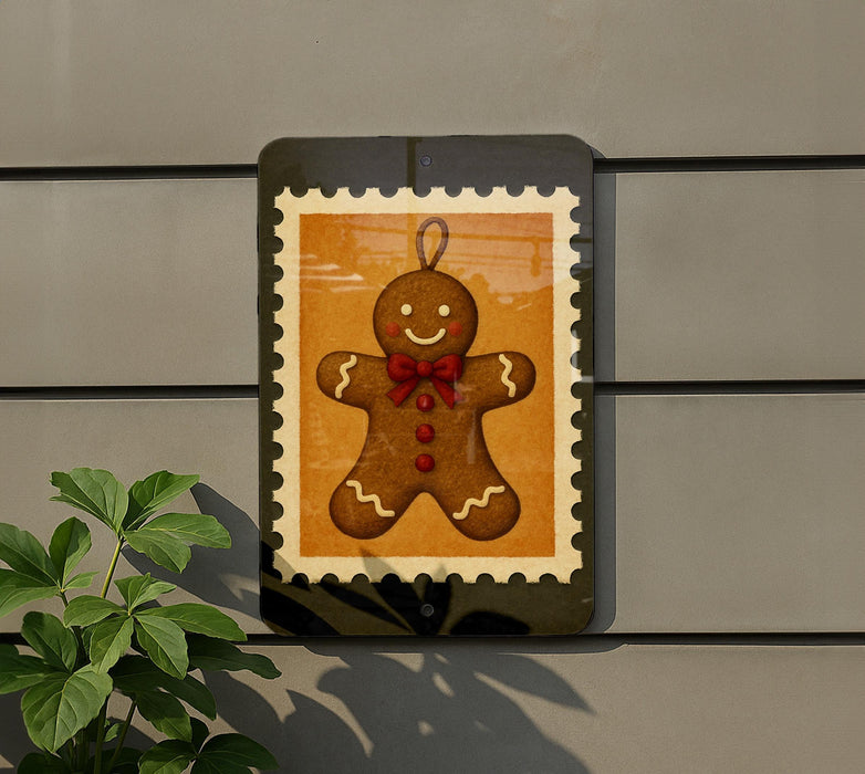 A gingerbread man figure is displayed on a wall, framed by a decorative border.
