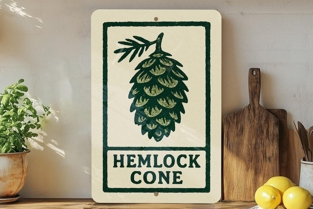 A white sign with a green pine cone graphic and the text "HEMLOCK CONE" is displayed on a wooden shelf, accompanied by a potted plant, a cutting board, and some lemons.