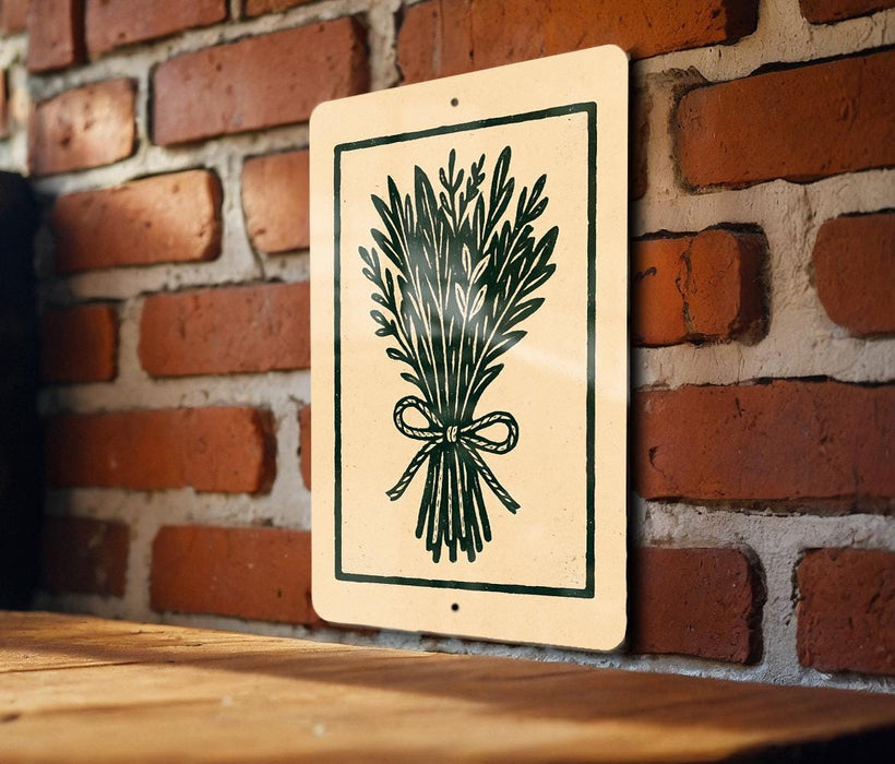 a sign with a green and white design on a brick wall.