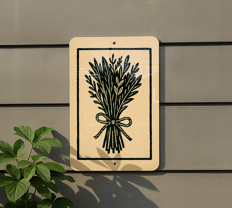 a sign with a black and white illustration of a bunch of leaves or a plant, mounted on a wall.