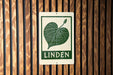 A metal sign with a green leaf and the word "LINDEN" printed on it is mounted on a wooden wall.