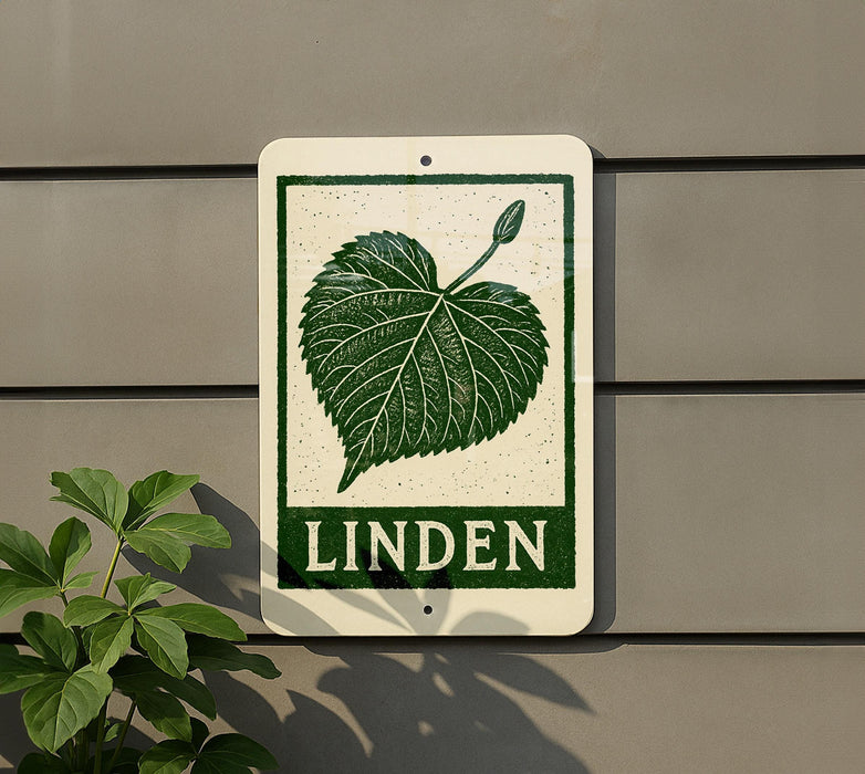 A sign with a green leaf and the word "LINDEN" printed on it, mounted on a wall.