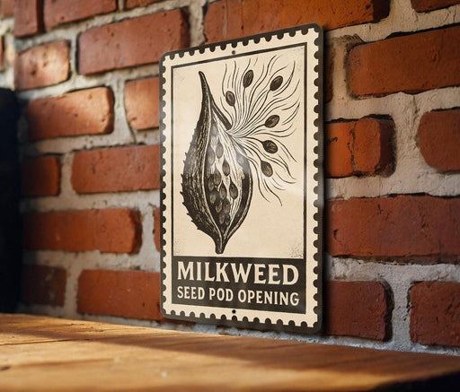 A metal sign with a graphic of a milkweed seed pod and the text "MILKWEED SEED POD OPENING" is displayed on a brick wall.