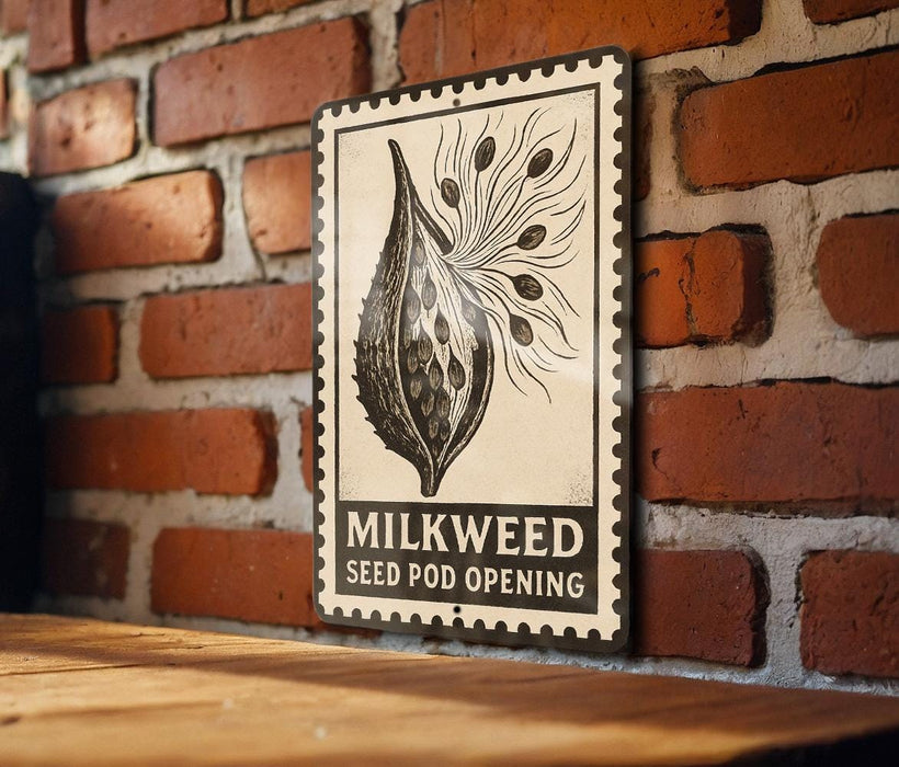 A metal sign with a graphic of a milkweed seed pod and the text "MILKWEED SEED POD OPENING" is displayed on a brick wall.