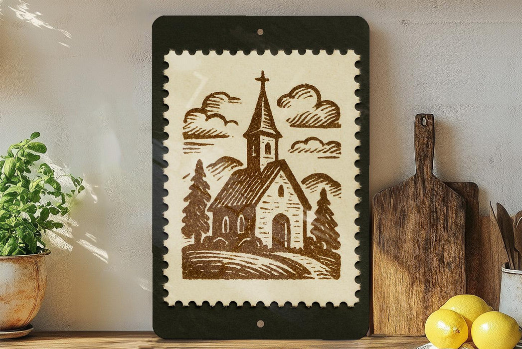 a framed illustration of a church with a steeple, surrounded by trees, on a shelf with various kitchen utensils and a potted plant.