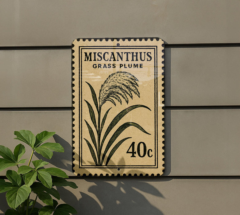 a sign with a plant illustration and the text "MISCANTHUS GRASS PLUME" and a price of "40c".