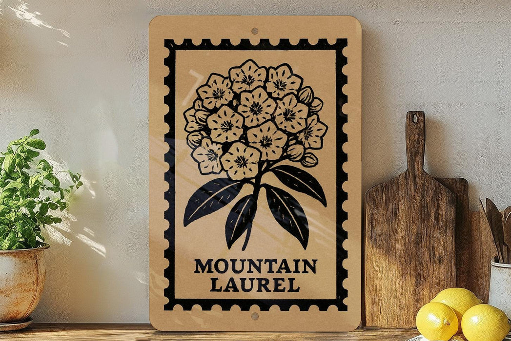a wooden sign with a floral design, placed on a shelf next to a potted plant and a cutting board.