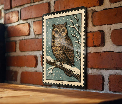 A framed illustration of an owl perched on a branch, set against a snowy background, is displayed on a brick wall.