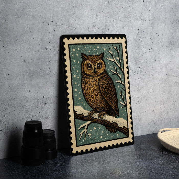 A framed illustration of an owl sitting on a branch, with snowflakes in the background, is displayed on a table.