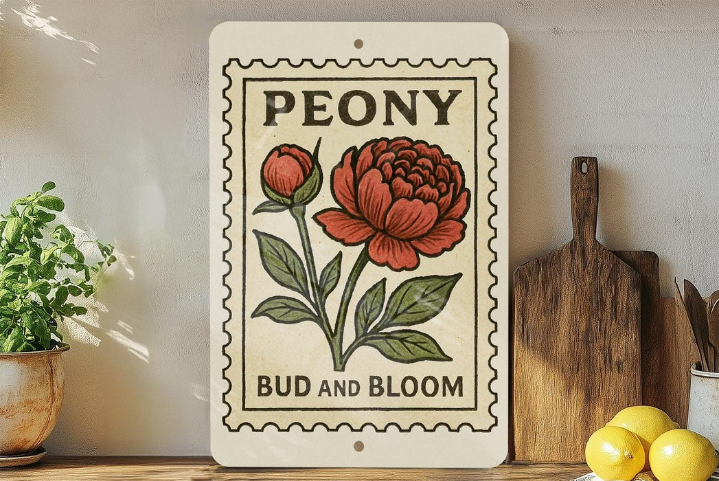 A vintage-style sign with a peony flower and the text "PEONY BUD AND BLOOM" is displayed on a shelf, accompanied by a wooden cutting board and a potted plant.