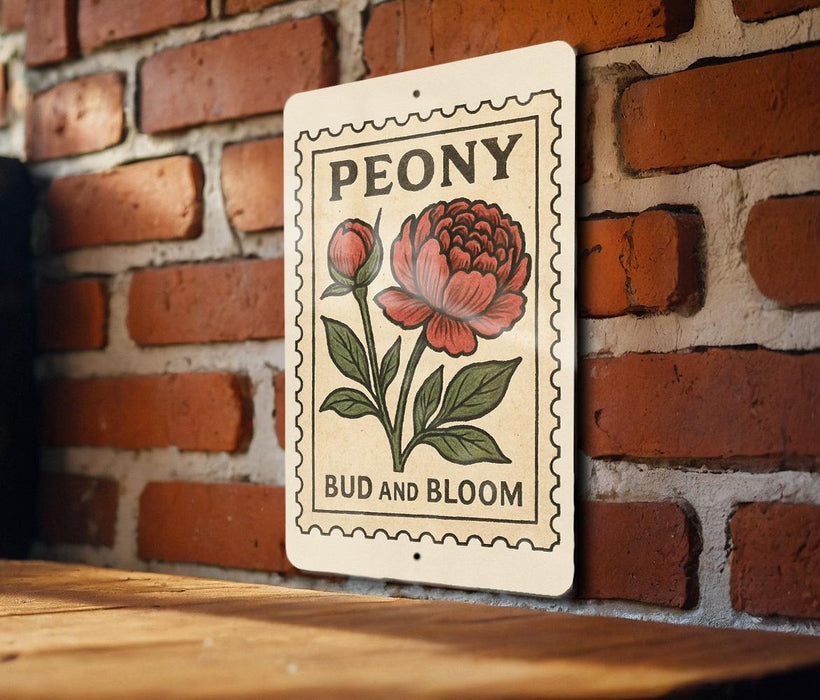 A sign with a peony flower and the text "BUD AND BLOOM" is displayed on a brick wall.