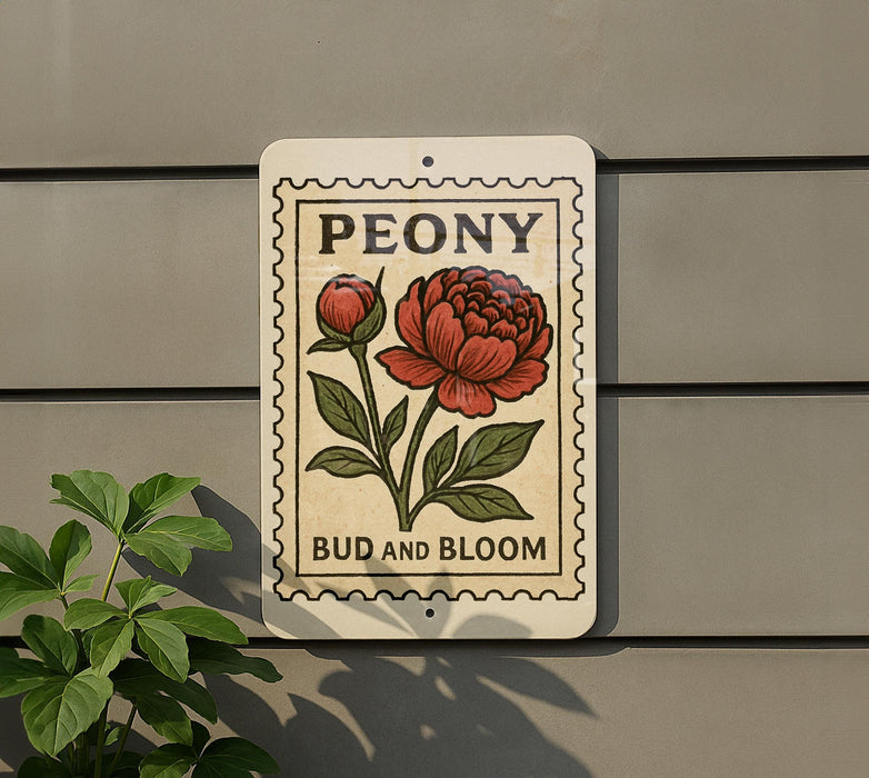 A sign with a peony flower and the words "Peony Bud and Bloom" is displayed on a wall, with a plant visible to the left.