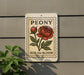 A sign with a peony flower and the words "Peony Bud and Bloom" is displayed on a wall, with a plant visible to the left.