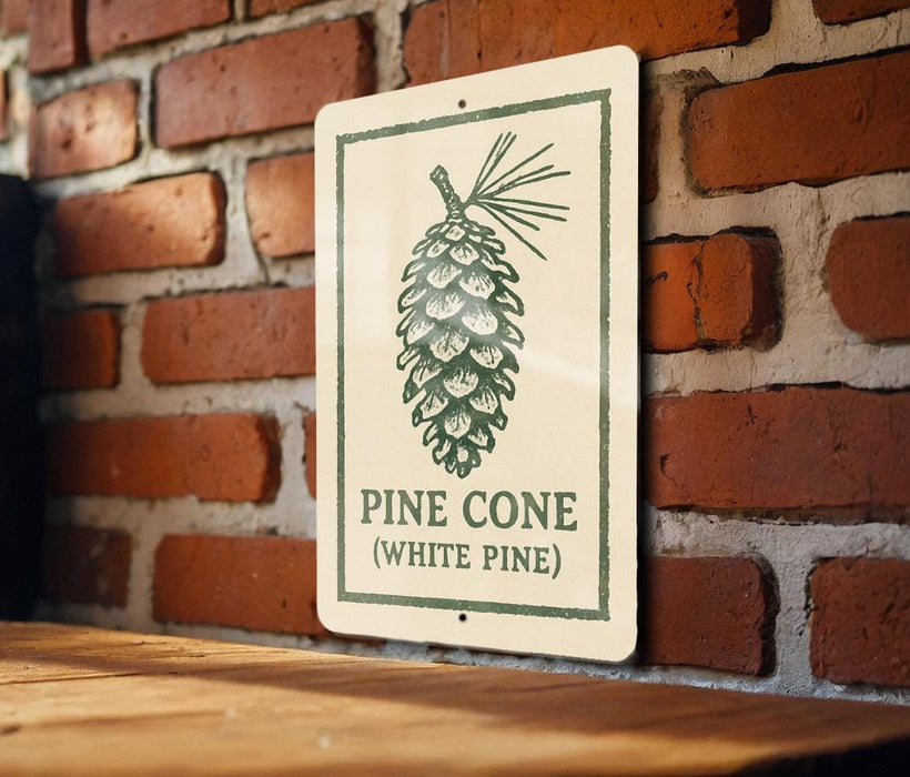 A sign with a pine cone illustration is mounted on a brick wall.