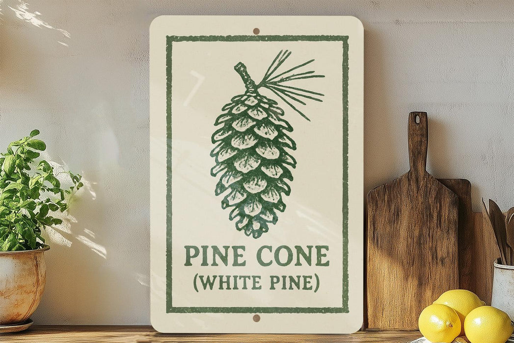 a pine cone on a shelf, with a wooden cutting board and a potted plant nearby.