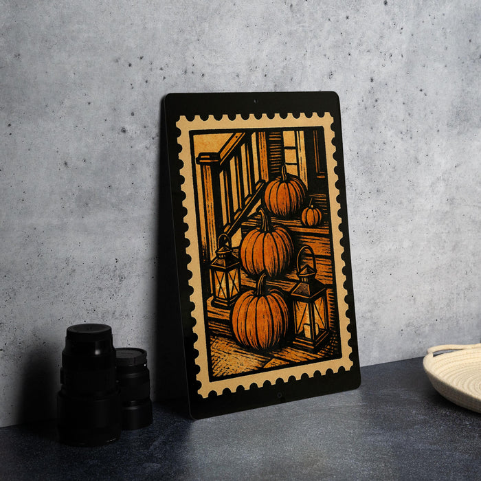 a framed illustration of pumpkins on a staircase, with a black border and a yellow border.