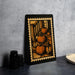 a framed illustration of pumpkins on a staircase, with a black border and a yellow border.