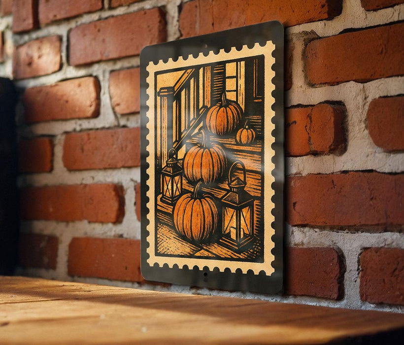 A framed illustration of three pumpkins is displayed on a brick wall, with a wooden table below it.