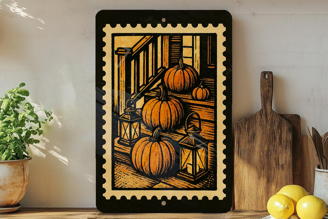 a framed illustration of pumpkins on a porch, with a wooden rocking chair and lanterns nearby.