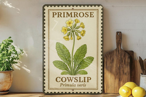 A framed illustration of a yellow flower labeled "Primrose Cowslip Primula veris" is displayed on a shelf next to a wooden cutting board and a potted plant.