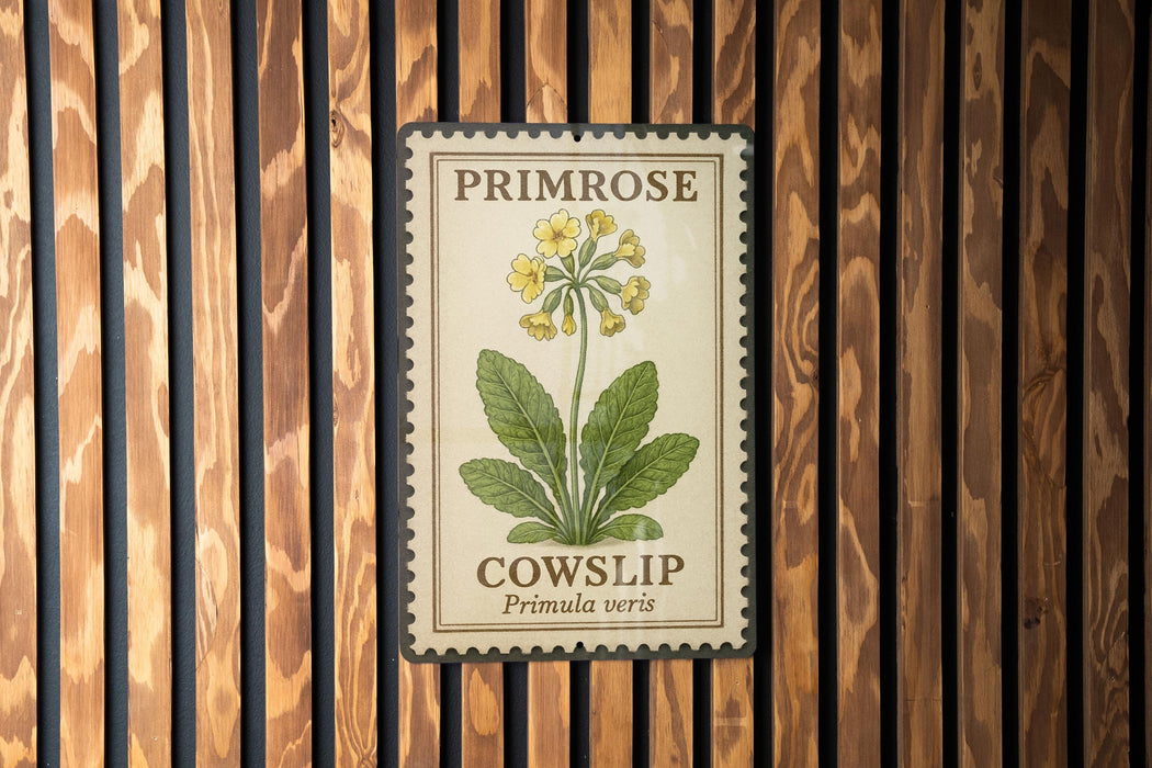 A vintage-style stamp or label with a picture of a yellow flower and green leaves, mounted on a wooden wall.