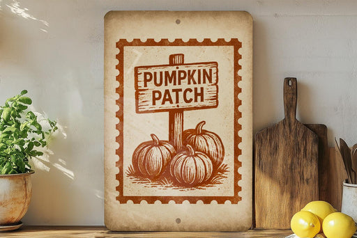 a rustic wooden sign with a pumpkin patch illustration, placed on a shelf next to a wooden cutting board and some lemons.