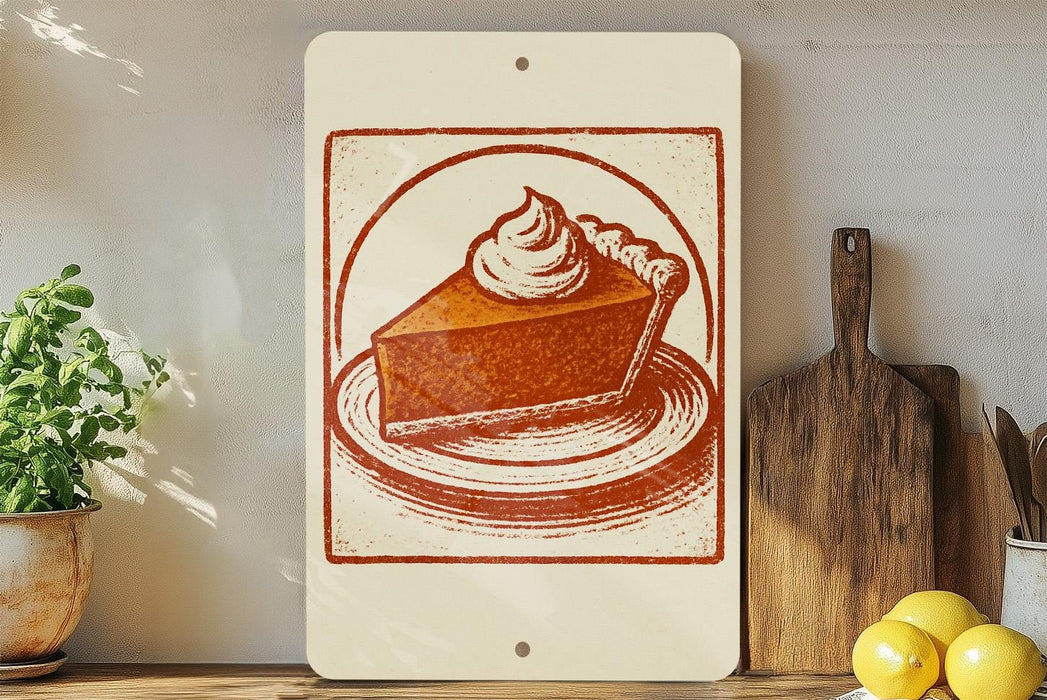 a white sign with an illustration of a slice of pie on a plate, placed on a wooden surface next to a wooden cutting board and a potted plant.