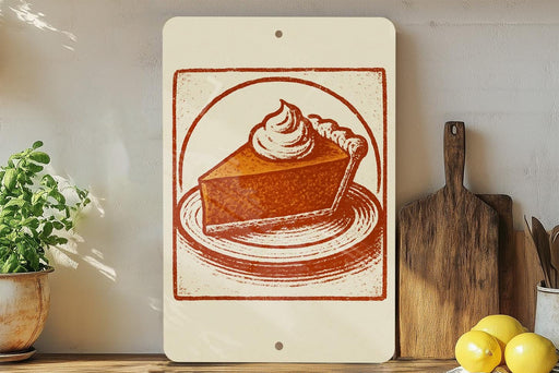 a white sign with an illustration of a slice of pie on a plate, placed on a wooden surface next to a wooden cutting board and a potted plant.