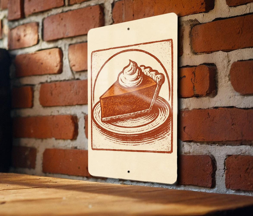 A sign featuring a pie with whipped cream on top, mounted on a brick wall.