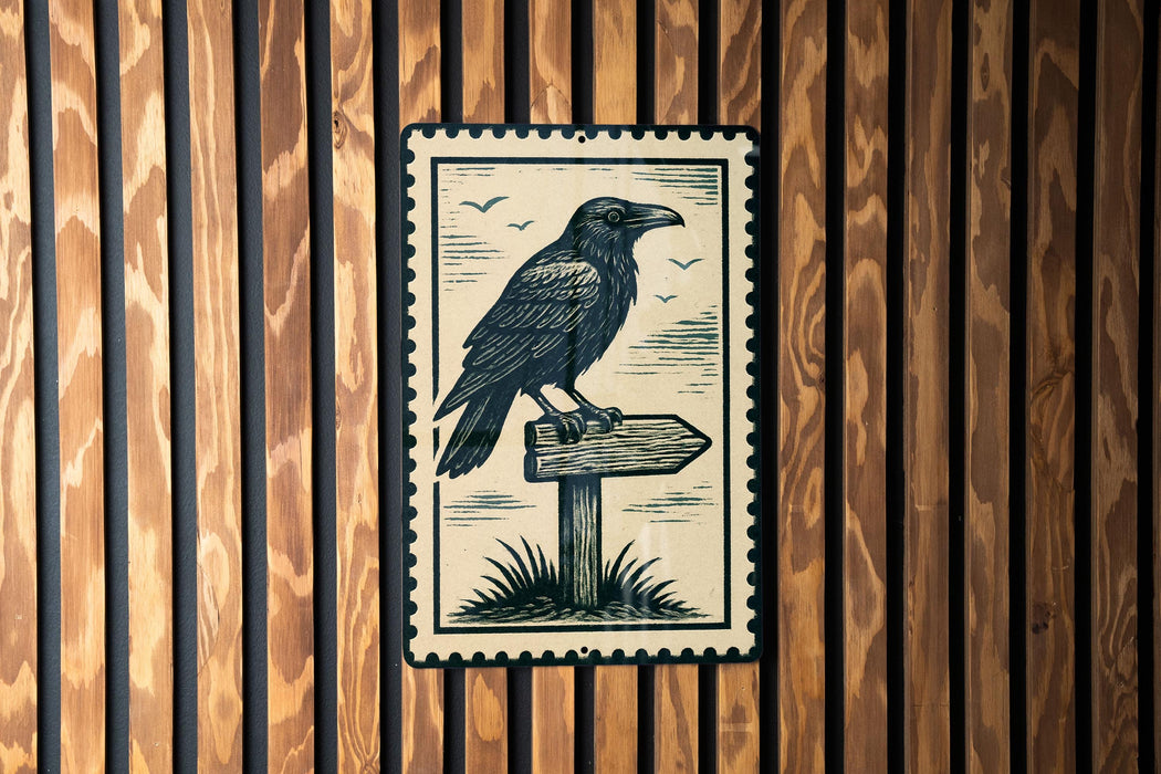 A black and white illustration of a crow perched on a wooden signpost, with birds in the background.